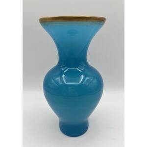 French Blue Opaline Glass Vase Baluster Shape & Flare Rim with Gold Band 8.25”